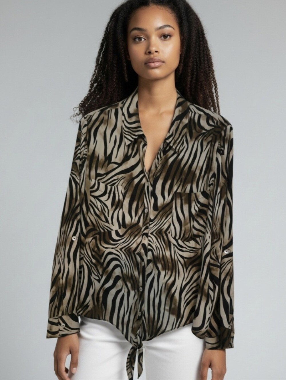 Chico's Black and Cream Zebra-Print Tie-Front Button-Down Shirt Size 3 - Picture 1 of 8